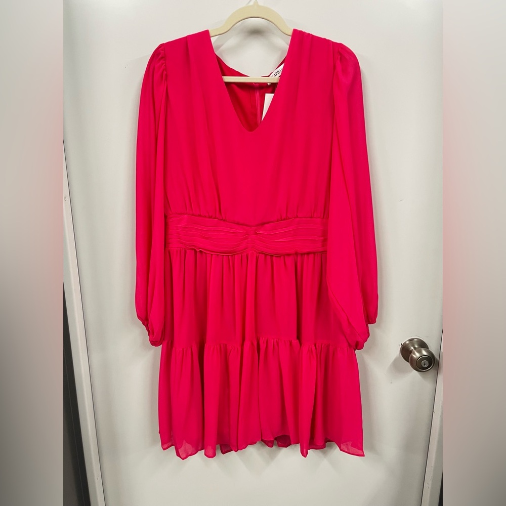 Hot Pink Long Sleeve Mini Dress | Tiered Ruffle Skirt | Balloon Sleeves | - Picture 3 of 6
